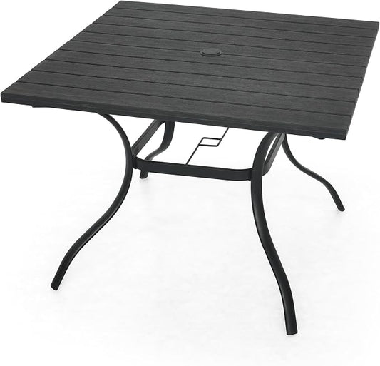 Anmutig Outdoor Dining Table with 1.6" Umbrella Hole, 37" Square Plastic Patio Table with Metal Steel Frame for Picnic, Garden, Poolside, Backyard, Black