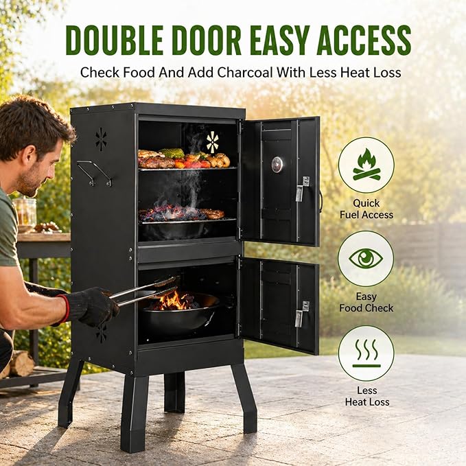 Vertical Charcoal Smoker, 2-in-1 Smoker Grill, BBQ Smoker for Meat, Outdoor Smoker for Backyard Patio | Double Door Easy Access | 2 Cooking Racks, 4 Air Vents, Built-In Thermometer