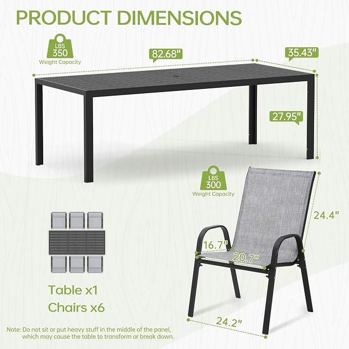 PIZZELLO Outdoor Dining Sets for 6, 83" Rectangular Dining Table with 6 Textilene Chairs, 7 Piece Patio Table and Chairs Set with Umbrella Hole for Patio, Garden, Backyard and Poolside (Grey)