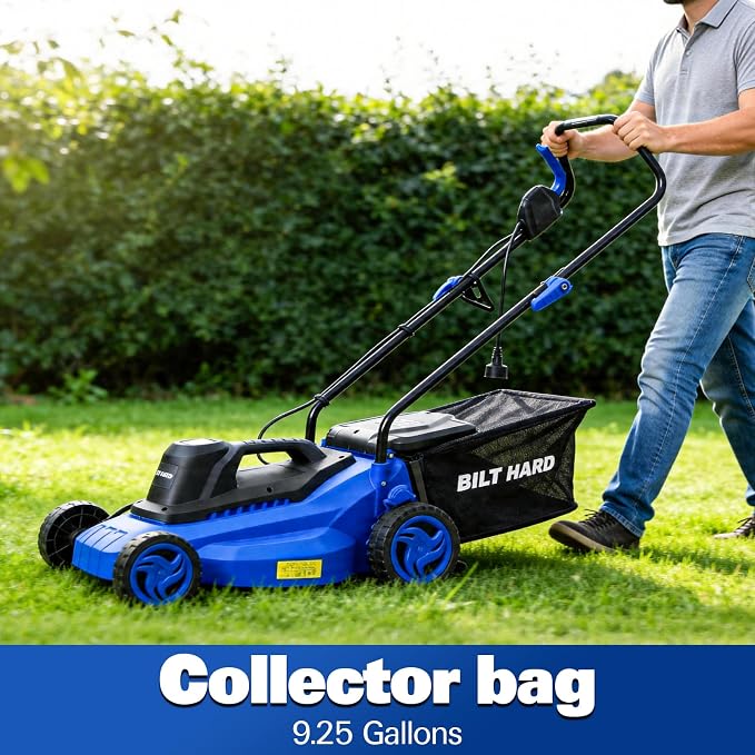 BILT HARD Corded Electric Lawn Mower 15 Inch, 11Amp Electric Push Mower with 9.2 Gallon Collection Bag, 5 Height Adjustment, Lightweight Lawnmower for Garden, Yard