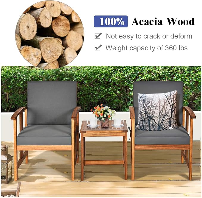 Tangkula 3 Pieces Patio Furniture Set, Includes Set of 2 Outdoor Acacia Wood Cushioned Chairs and Coffee Table, for Garden, Backyard, Poolside, Bistro and Deck, Patio Conversation Chat Set (Gray)