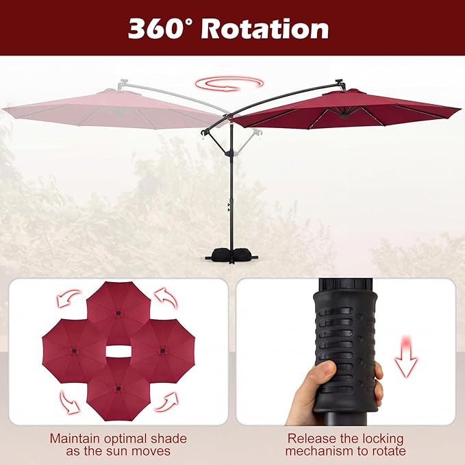 Tangkula 10ft Solar Patio Umbrella with Base Included, Offset Cantilever Outdoor Umbrella with 32 LED Lights, 360 Degree Rotation, Crank Handle for Pool Deck Garden Backyard (Wine)