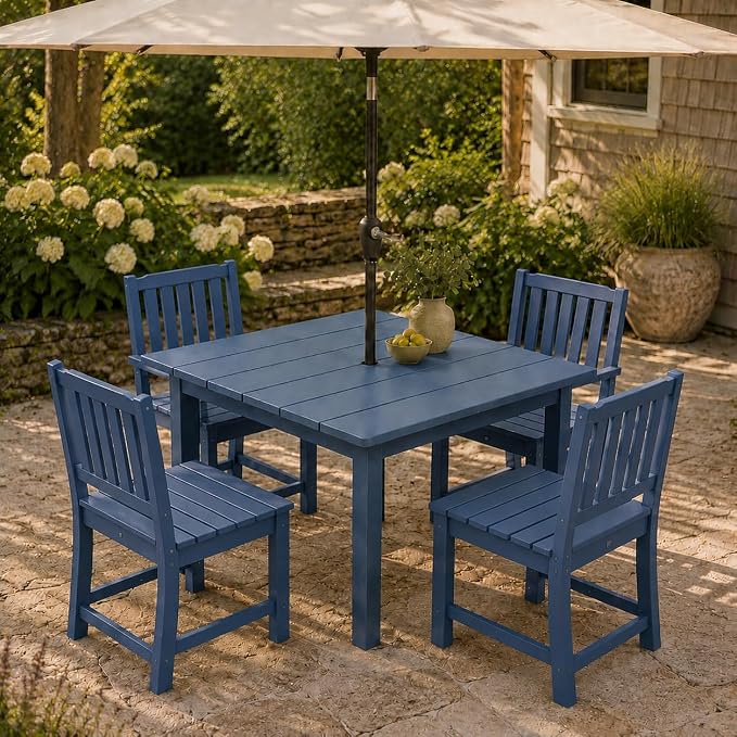 HDPE Outdoor Dining Set for 4, Square Table & Chairs Set | • All-Weather Polywood Composite • 410 lbs Heavy-Duty Support • Built-In 2" Umbrella Hole • Easy Soap-Water Wash