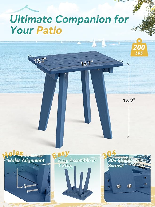 Outdoor Side Table, HDPE Weather Resistant Small Patio Table for Porch and Balcony, 200 LBS Capacity Heavy Duty Small Outdoor Table for Backyard and Pool, Easy Maintenance, Prussian Blue