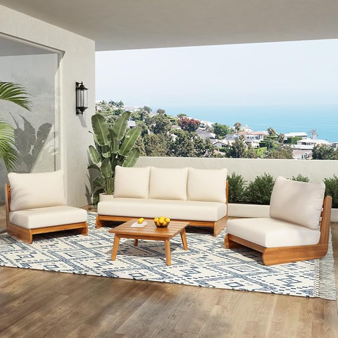 Outdoor Acacia Wood 3-Pieces Patio Chat Set, All Weather Conversation Sectional Sofa Set with 3 Seater Sofa and 2 Club Chairs, Low-Profile 5 Seater Design