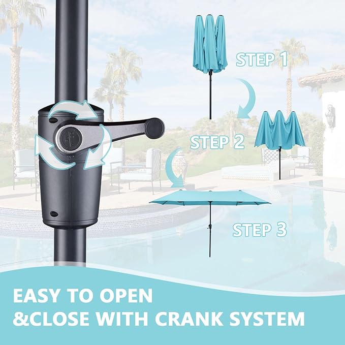 13Ft Large Patio Umbrella with Base Outdoor Double-Sided Market Extra Large Table Umbrella Easy Crank for Yard, Poolside, Deck-Blue