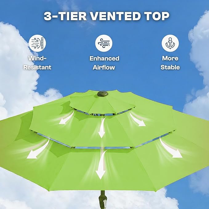 10ft 3-Tier Patio Umbrella with 32 Solar Powered LED Lights, Windproof Outdoor Market Umbrella for Deck, Poolside & Garden, Sturdy Push-Button Tilt Table Umbrella, Apple Green