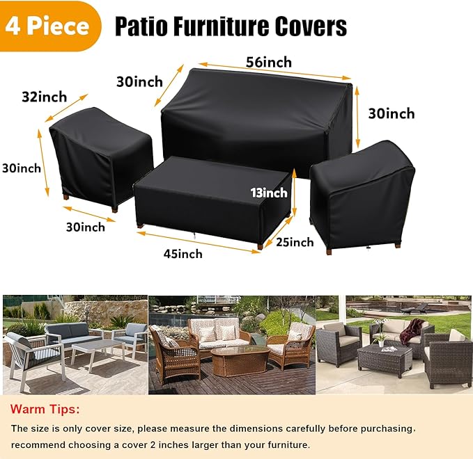 Patio Furniture Covers，Outdoor Furniture Cover Waterproof,4 Piece Patio Furniture Set Cover for Outside Couch, Lawn Chairs, Coffee Table, Windproof with Buckle Strap