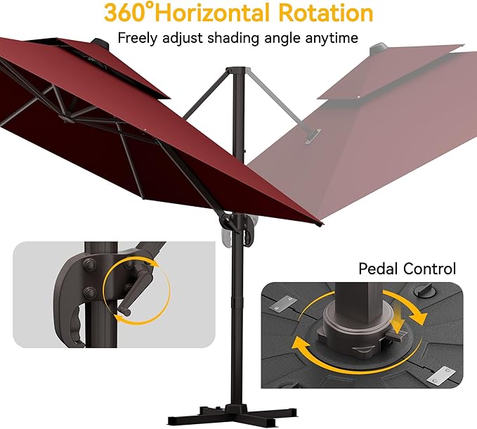 10x10 FT Patio Cantilever Umbrella (Base Not Included) (Base Not Included), Rectangular Heavy Duty Offset Umbrella for 6-8 People, 360°Rotation & Mult Tilt, Double Top Design, for Pool Garden Deck (Red)