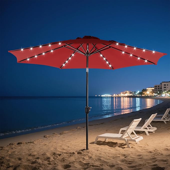 DUMOS LED Outdoor Patio Umbrella 10 FT UV-Resistant Market Umbrella with Tilt Adjustment & Crank Lift, All-Weather Shade for Backyard, Deck, Garden, Beach