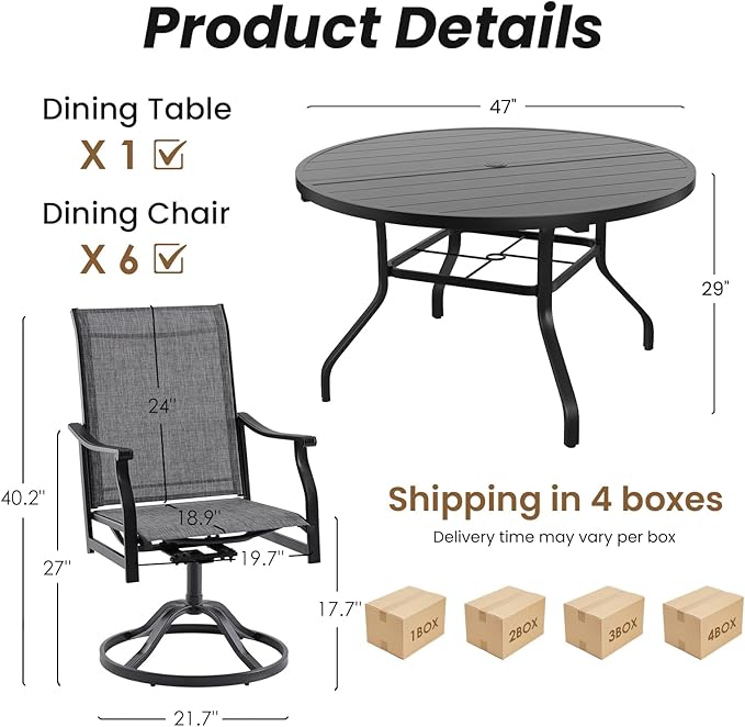 Soohow 7-Piece Outdoor Dining Set, Round Table Patio Dining Set for 6, 6 x Swivel Patio Chairs and 1 x 47 Round Outdoor Dining Table, for Poolside, Backyard and Proch