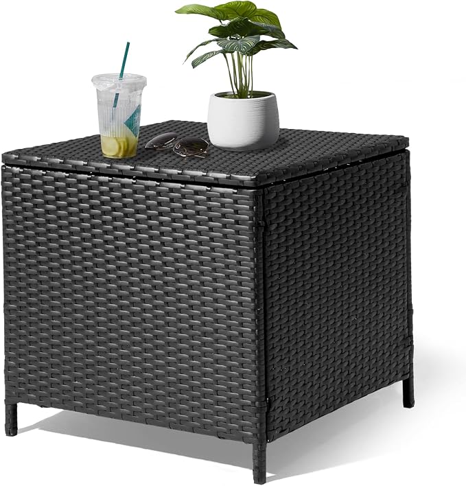 Outdoor Wicker Storage Side Table, Outdoor PE Wicker Side Table with Storage, Patio Rattan End Table Square Container for Furniture Covers and Gardening Tools, Black