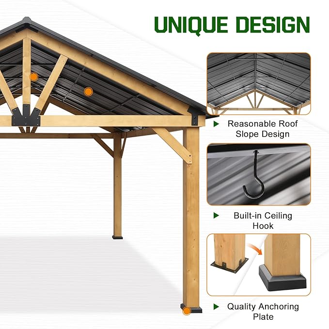 EAGLE PEAK 13x15 Hardtop Gazebo, Exposed Beam A-Frame Gazebo, Galvanized Steel Gable Roof with Cedar Wood Frame, Outdoor Pavilion for Patio, Deck, Lawn and Garden, Natural Wood/Black