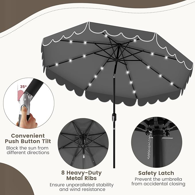 Tangkula 9 FT Solar Patio Umbrella, 2-Tiers Scalloped Outdoor Table Market Umbrella with 32 LED Lights, Vented Top, Tilt Adjustment, Crank, 8 Ribs for Backyard Poolside Deck Beach Lawn (Gray)