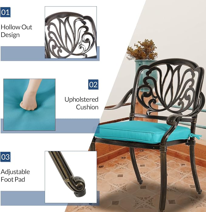 5-Piece Outdoor Patio Dining Set, All-Weather Cast Aluminum Patio Table Set, Include 4 Cushioned Chairs and a 35.4 inch Round Table w/Umbrella Hole for Balcony Garden Backyard, Ocean Blue
