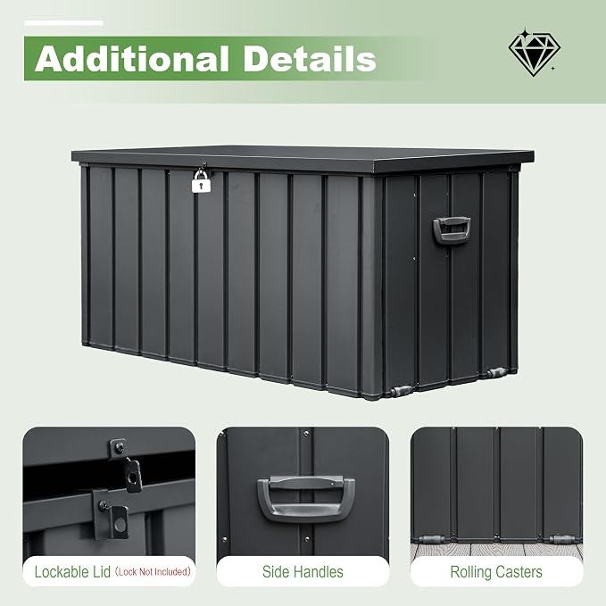 Domi 100 Gallon Deck Box, Outdoor Metal Lockable Storage Cabinet, Waterproof Steel Outdoor Bench with Lockable Lid, Side Handles & Rolling Casters for Outside Cushions, Pillows, Garden Tools, Grey
