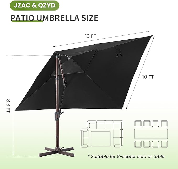 JZAC & QZYD 10X13 FT Outdoor Cantilever Patio Umbrella with LED Lights, Large Heavy Duty 2-Tier Aluminum Offset Umbrellas with 360-Degree Rotation for Pool Deck, Black