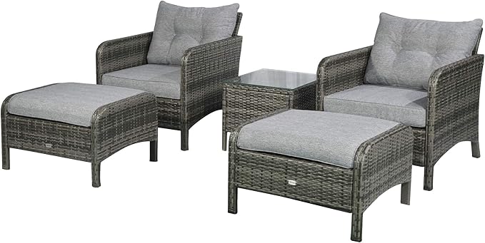 Outsunny 5 Pieces Rattan Wicker Lounge Chair Outdoor Patio Conversation Set with 2 Cushioned Chairs, 2 Ottomans and Tempered Glass Top Coffee Table, Gray/Light Gray