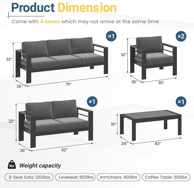 Solaste Aluminum Patio Furniture Set for All Weather, Oversized Metal Outdoor Furniture Set with 27.5" Deep Seating and 3.2" Wide Armrest, Outdoor Patio Conversation Sets with 10" Back Suport Cushion
