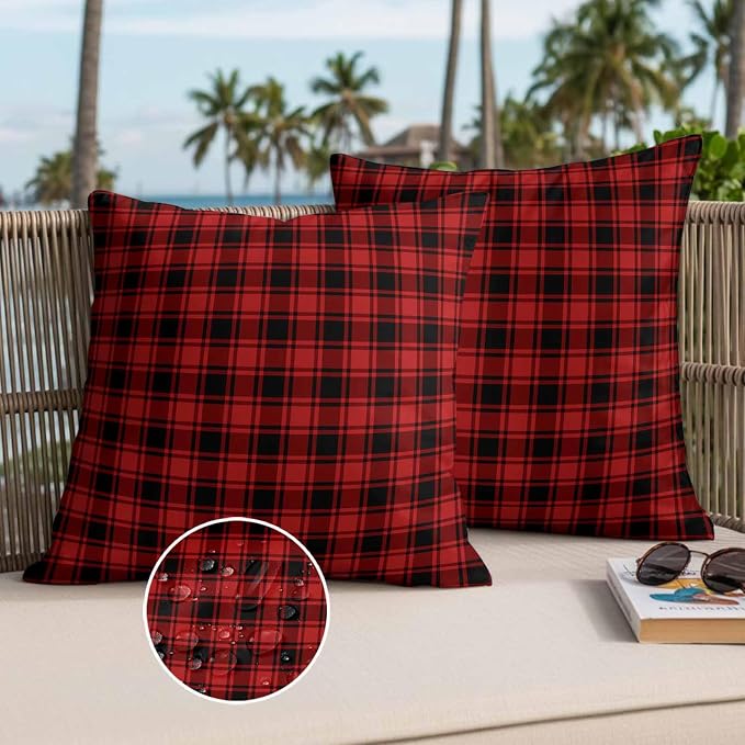 Red Black Plaid Waterproof Outdoor Pillow Covers Set of 2 Home Decor Vintage Farmhouse Abstract Buffalo Check Pillowcase Patio Pillow Covers for Couch Bench Furniture Garden 20x20in