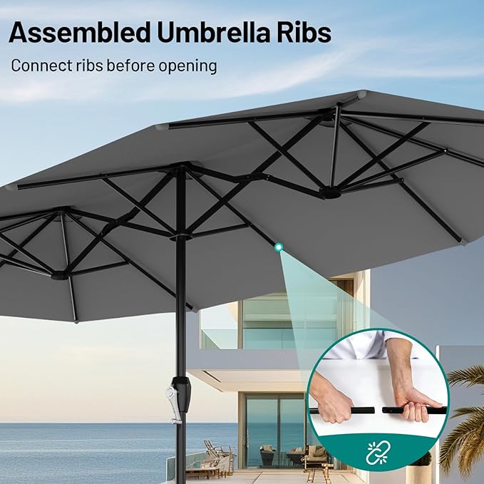 AreShark 15ft Patio Umbrella with Base, Double Sided Outdoor Umbrella with 12 Fiberglass Ribs, Large Outdoor Umbrella for Garden, Pool, Deck, Backyard & Market, Grey