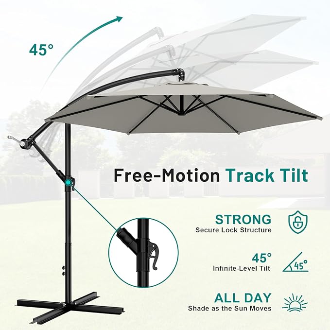 AreShark 10FT Patio Outdoor Umbrella, Offset Patio Umbrella Cantilever Umbrella, 6 Sturdy Ribs, Easy Adjustment for Garden Market Pool with Cross Base (Light Gray)