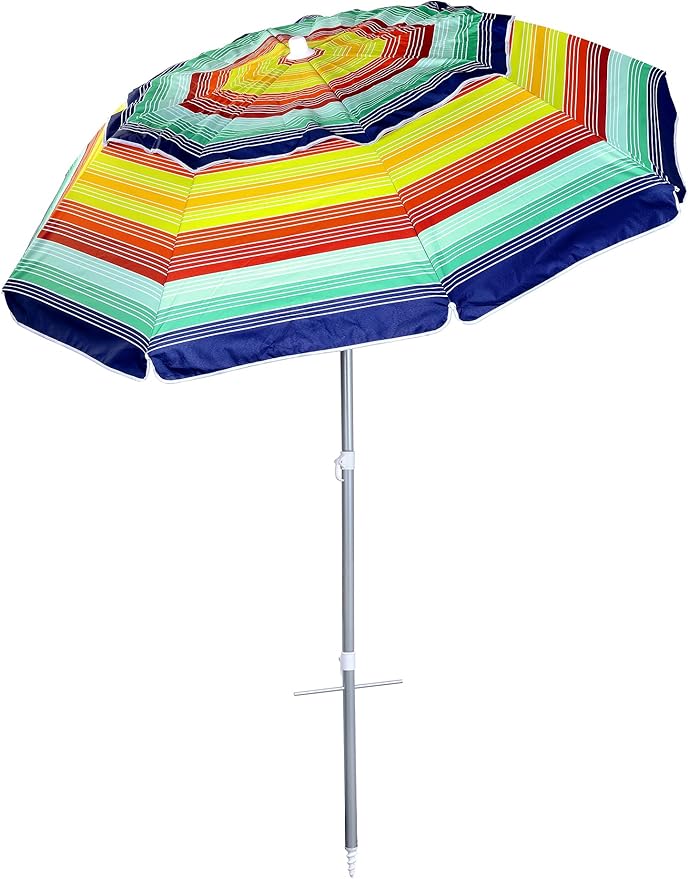 6.5ft folded Portable beach umbrella with sand anchor windproof, Push Button Tilt and Air vent UPF 50+ Protection Fits in a large Suitcase for Patio Garden Beach Pool Backyard, Warm color Stripe CA-1901