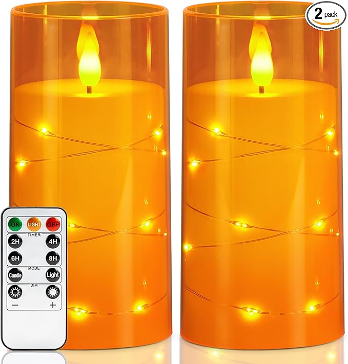 Homemory Flameless Candles with Embedded Star String Fairy Lights, Battery Operated Candles, LED Candle, Fake Candles with Remote Control and Timer, Orange, Set of 2(H 6" 6")