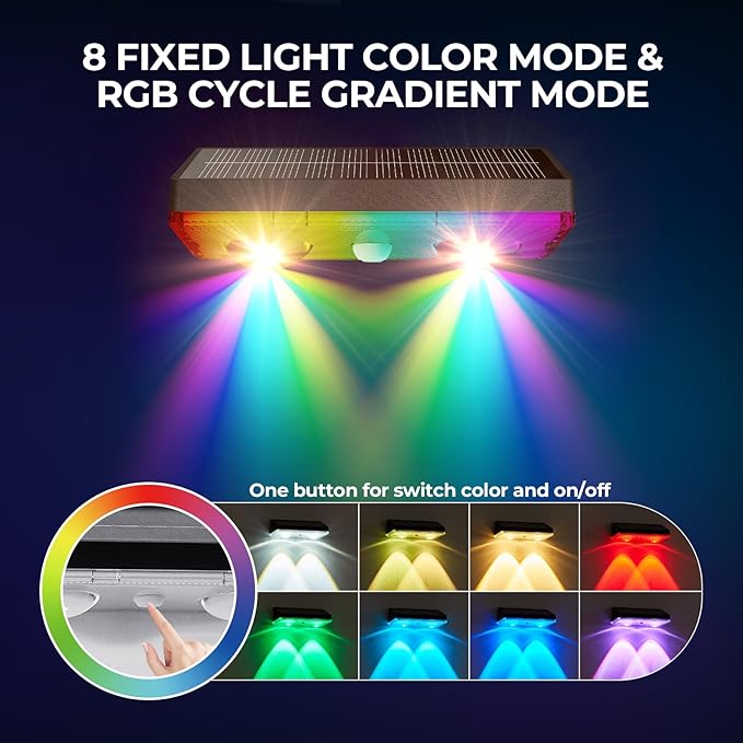 Solar Fence Lights Outdoor 8 Pack – IP65 Waterproof Wireless Solar Deck Lights with 9 Color Modes, 80 Lumen Bright LED for Fence, Backyard, Patio, Pool, Wall – 12+ Hour Runtime, No Wiring