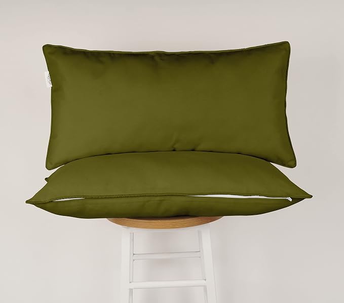 Indoor/Outdoor Polyester Fabric Lumbar Pillow Cover, All-Weather Waterproof Rectangular Cushion Case for Patio Furniture, 12 x 20 Set of 2 -Olive Green