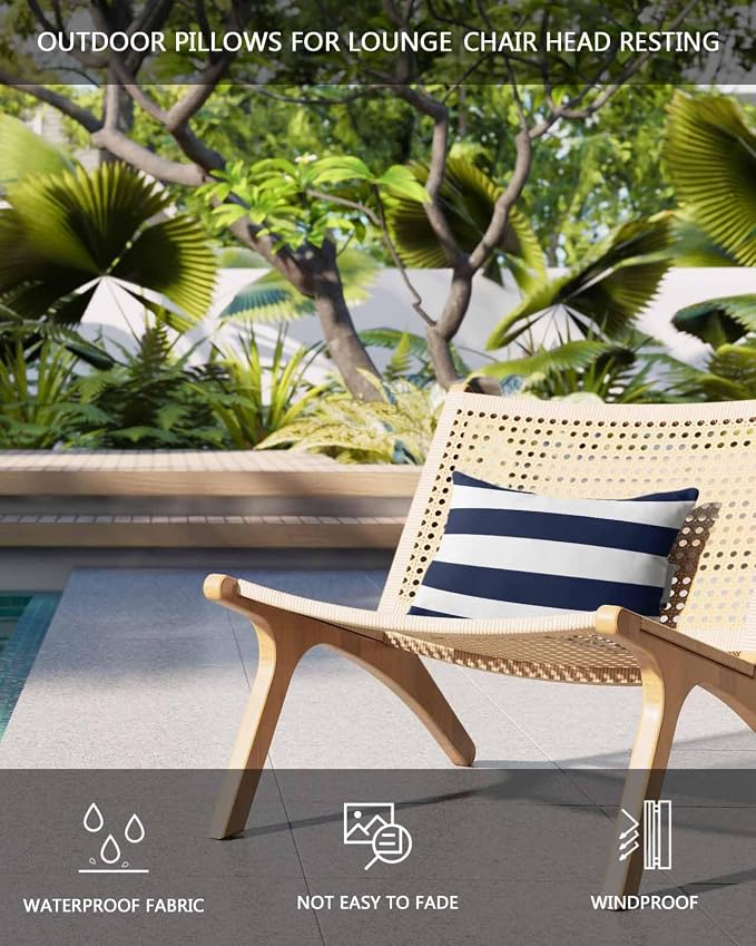 Outdoor Pillow for Chaise Lounge Chair, Simple Stripe Pattern Blue and White Waterproof Headrest Pillow Lumbar Pillows with Adjustable Elastic Strap for Beach, Poolside, Patio, Office (1 Pack)