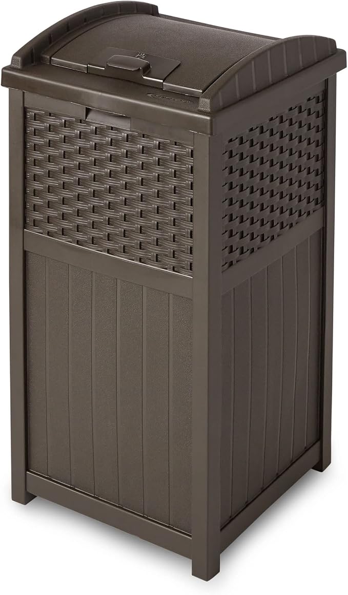 Greesum 100 Gallon Deck Box and Suncast 33 Gallon Outdoor Trash Can Storage Bundle for Patio Furniture, Garden Tools, and Pool Supplies