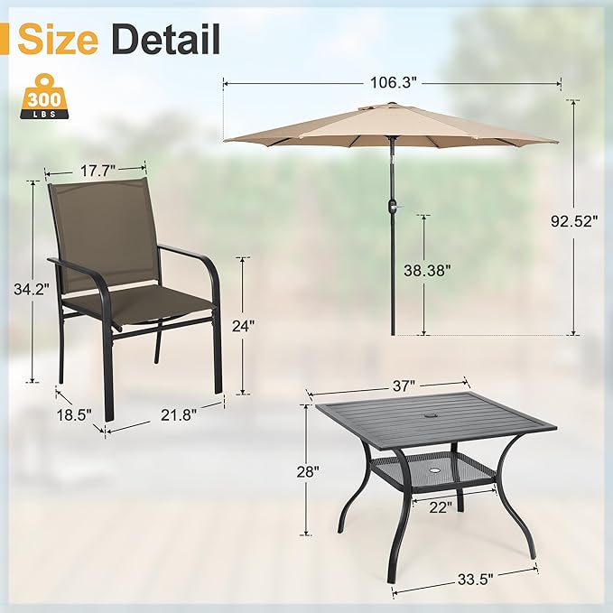 Crownland 5 Piece Patio Dining Set, Textilene Dining Sets, 4 Textilene Metal Chairs and Square Outdoor Dining Table with Khaki 9FT Round Outdoor Umbrella (Brown)