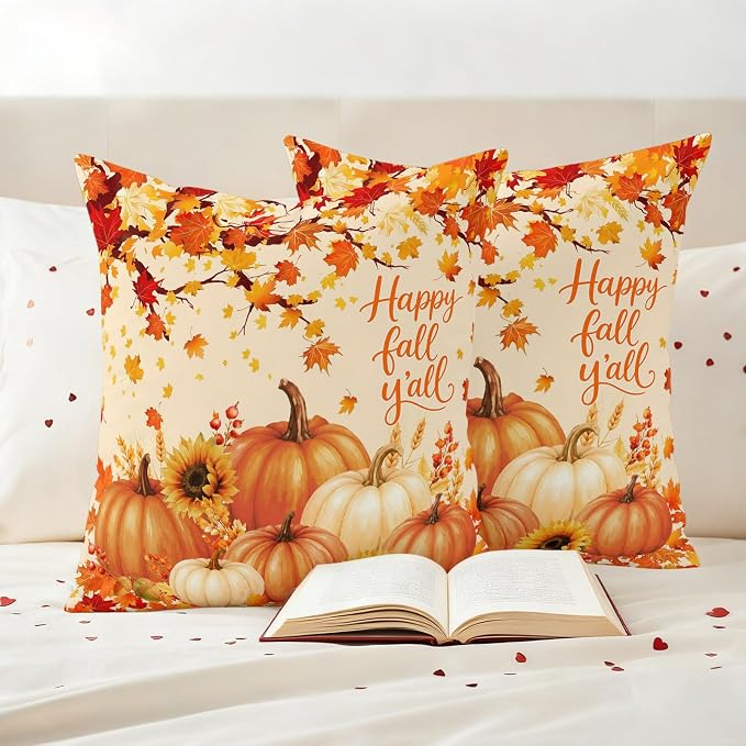 Orange Fall Waterproof Outdoor Pillow Covers 20''x20'' Set of 2, Maple Tree Branch Thanksgiving Pumpkin Patio Cushion Covers for Chairs,Decorative Countryside Leaves Pillow Cases for Garden/Pool/Beach