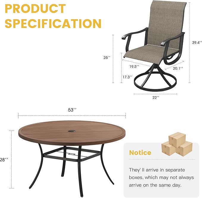 VICLLAX Patio Dining Set for 8, 9 Pieces Outdoor Furniture Includes 60" Round Patio Table with Umbrella Hole and 8 Outdoor Swivel Chairs for Lawn Garden, Walnut Tabletop and Mixed Brown Fabric