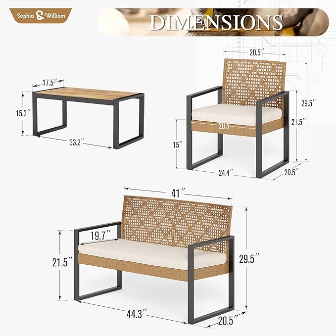 Sophia & William 4 Pieces Patio Conversation Set, Wicker Outdoor Furniture Set for 4, All Weather Outdoor Seating Set, Rattan Loveseat & Chairs with Cushions & Coffee Table，Yellow and Beige