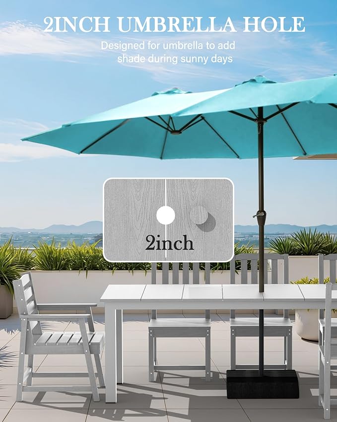 LOUNZY 9 Pieces Patio Dining Sets, Outdoor HDPE Furniture Set for 8 w/ 2" Hole Cut-Out Dining Table 75.2in with 8 Patio Chairs(2 W/Armrest, 6 w/o Armrest), White