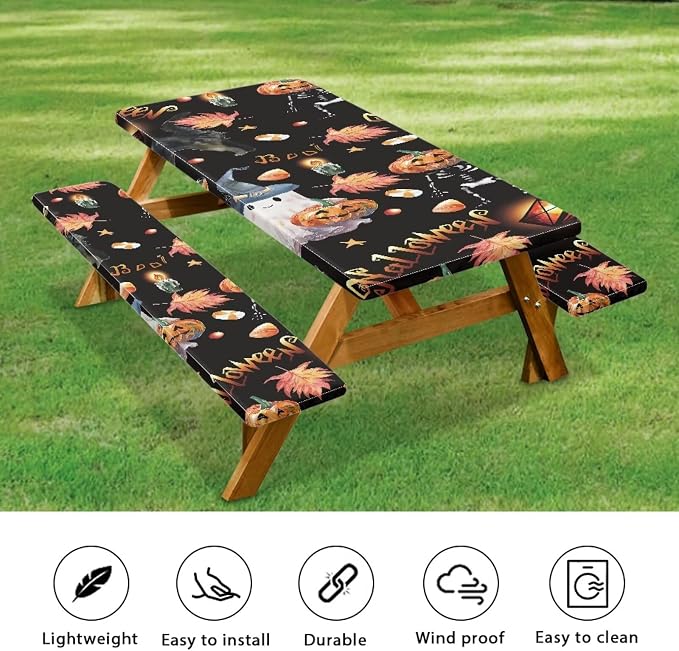 Halloween Picnic Table Cover with Bench Covers Ghost Pumpkin Outdoor Camping Essentials 3PCS Fitted Rectangle Table Covers for Family Gatherings Vacations BBQ Party