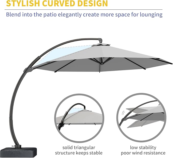 Kingdura 12ft Offset Cantilever Patio Umbrella with Base Included, Large Round Aluminum Outdoor Umbrella, 360° Rotation & Infinite Tilt, Heavy Duty Frame for Deck Pool Backyard, Light grey