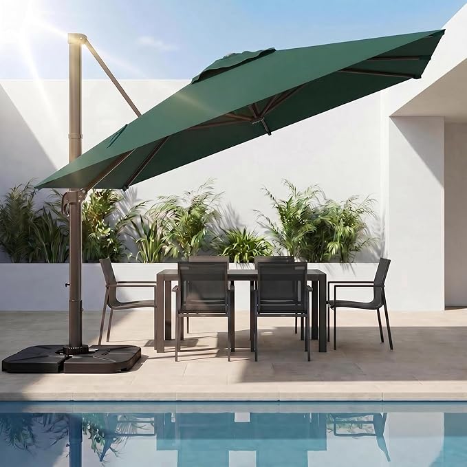 Kingdura 10x10 FT Cantilever Patio Umbrella with Base Included, Large Square Aluminum Offset Outdoor Pool Umbrella, 360° Rotation & 4-Position Tilt, UV Protection for Deck Backyard (Dark green)