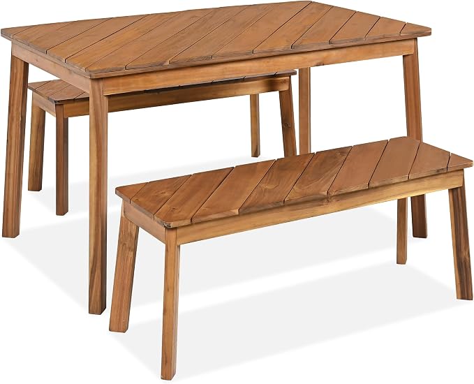 LUMISOL 3 Pieces Acacia Wood Table Bench Dining Set for Outdoor Indoor, Patio Dining Table with 2 Benches, Picnic Beer Table for Patio Porch Garden Poolside, Natural
