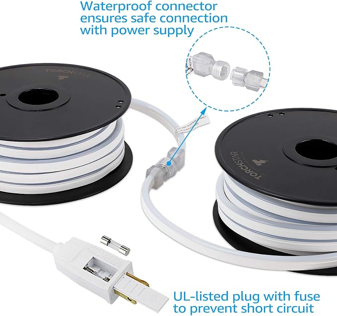 TORCHSTAR 50ft LED Neon Rope Light, Blue LED Strip Lights | Outdoor IP67 Waterproof, 120V UL Plug, ETL Connectable, Neon Light Strip for Shop Sign, Patio Decor, Max 2 Sets (100FT)