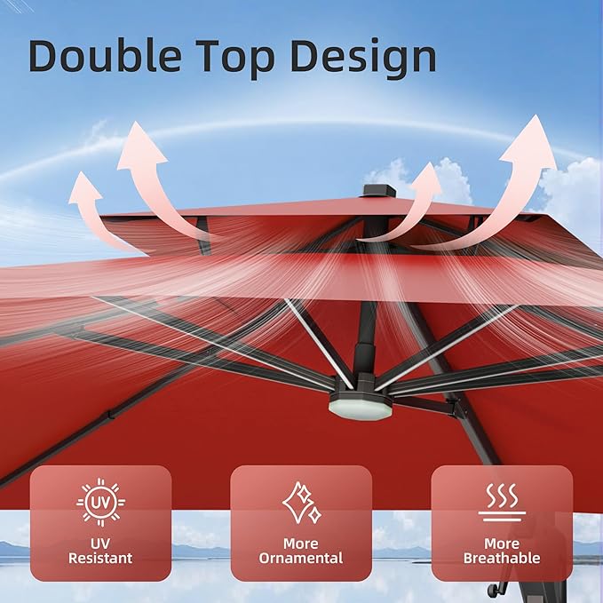 10x13 FT Patio Umbrella with LED Lights Cantilever Outdoor Large Heavy Duty Rectangle Aluminum Offset Umbrellas Double Top 360 Rotation 7 Tilt Adjustment for Pool Deck Garden, Red