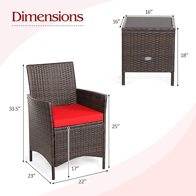 3 Pieces Patio Furniture Set, Wicker Outdoor Furniture with Water-Resistant Cushion & Tempered Glass Top Table, Conversation Set Bistro Set for Porch, Balcony, Backyard (Red)
