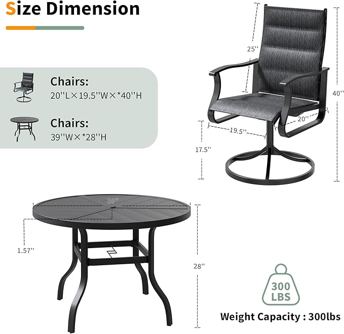 UDPATIO 5 Piece Outdoor Patio Dining Set, Patio Table with Chairs, 39" Round Table with Umbrella Hole & 4 Outdoor Swivel Rocker Dining Chairs, Outdoor Table and Chairs Set for Lawn, Deck, Yard