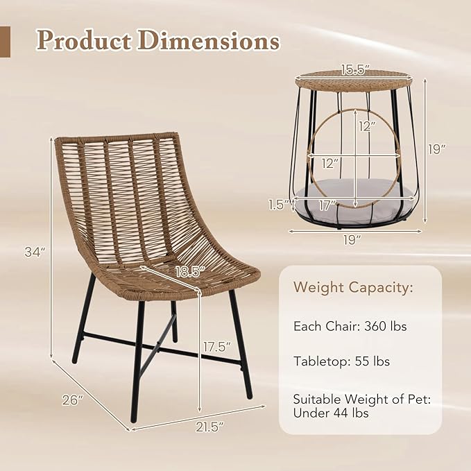 Tangkula 3 Pieces Outdoor Furniture Set with Pet House, Heavy Duty Metal Frame Patio Armless Chairs with Coffee Table, for Patio, Yard, Poolside, Garden (Light Brown)