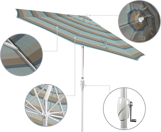 California Umbrella 12-Year Protection 9' Rd Aluminum Patio Umbrella, Crank Lift, Auto Tilt, White Finish, Sunbrella Gateway Mist