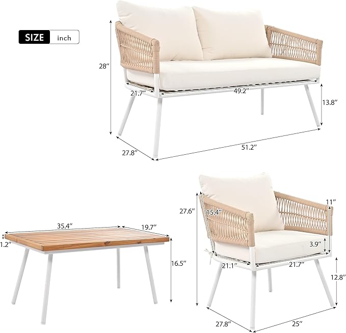GOWE 4-Piece Boho Rope Patio Furniture Set, Outdoor Furniture with Acacia Wood Table, Patio Conversation Set with Deep Seating & Thick Cushion for Backyard Porch Balcony, Beige