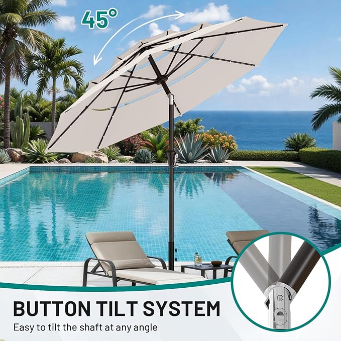 AreShark 9ft 3 Tiers Patio Umbrella with Solar Lights, Outdoor Umbrella w/ 32 LED Lights&8 Sturdy Ribs, Table Umbrella for Deck, Backyard, Pool (Ivory)