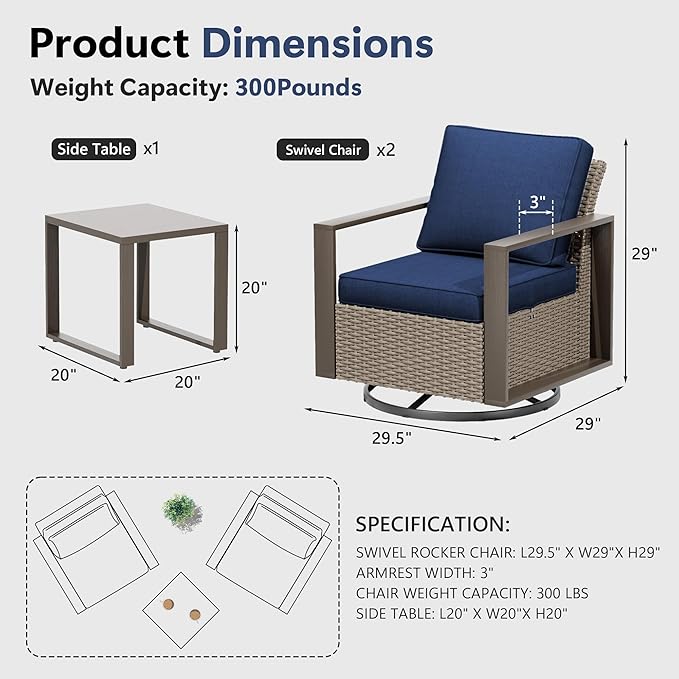 3 Piece Patio Chair Set, Outdoor Swivel Rocker Patio Chairs and Side Table, Metal Patio Furniture with Deep Seating, Thicken Cushions for Deck, Porch, Yard Use (Blue, 3 PCS/Swivel)